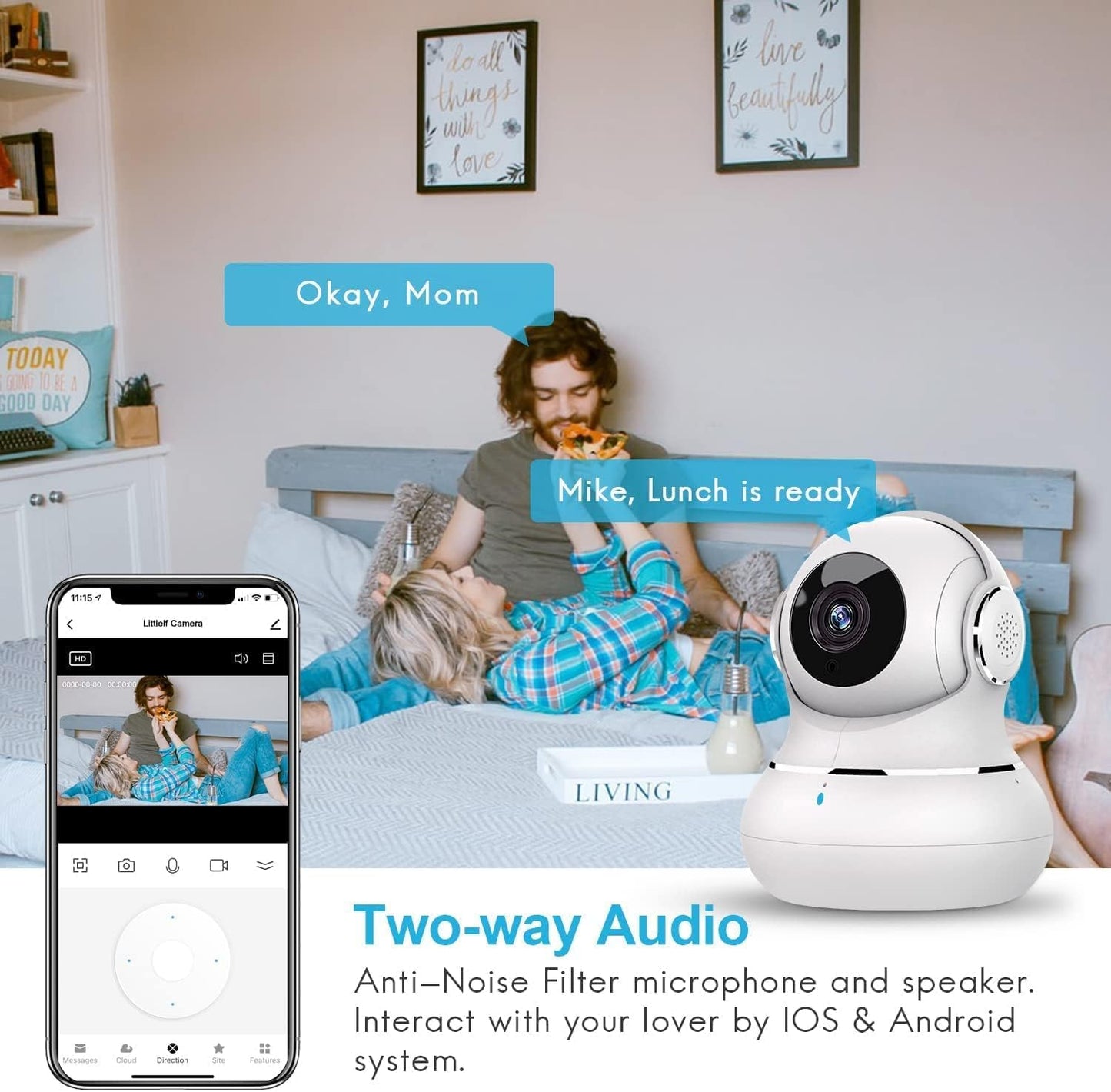 "360° nachtzicht babyfoon camera met tweerichting audio, compact design voor in de babykamer."