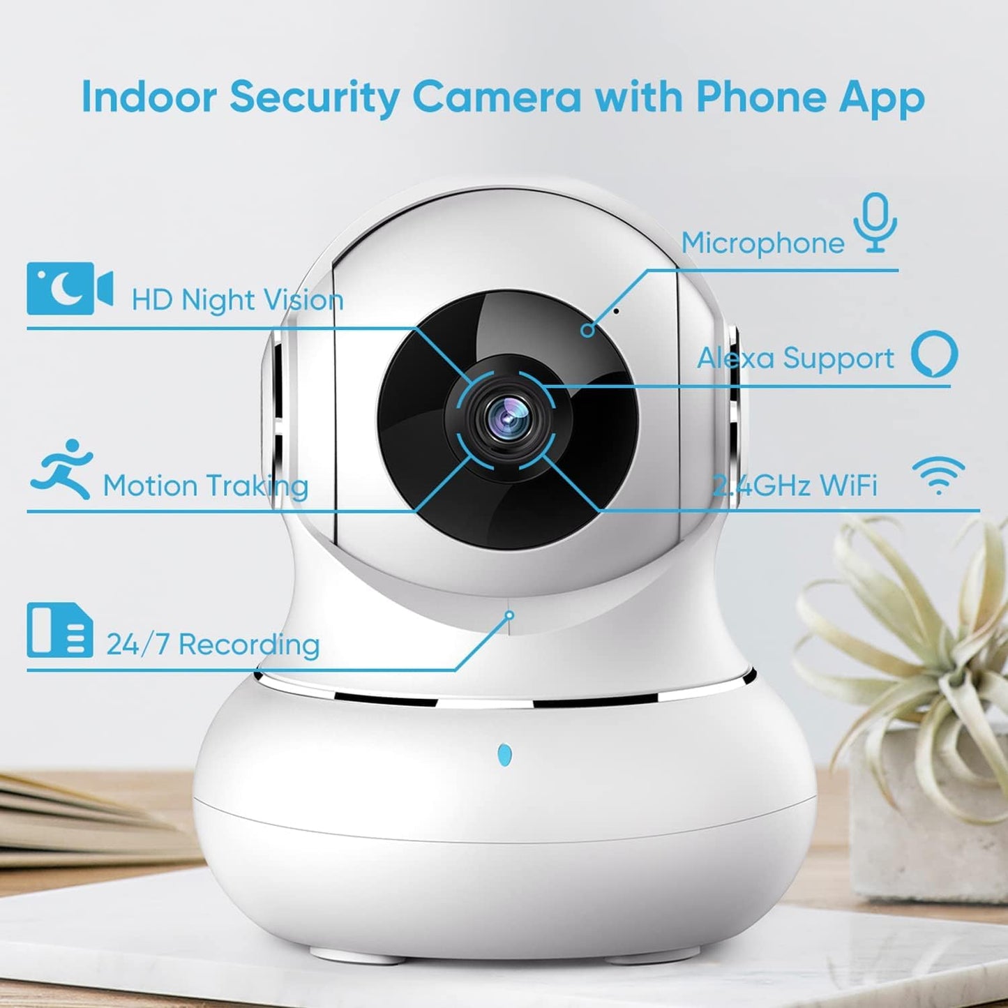 "360° nachtzicht babyfoon camera met tweerichting audio, compact design voor in de babykamer."