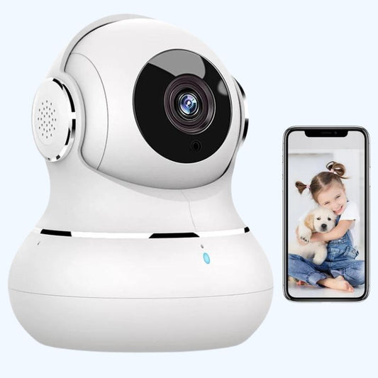 "360° nachtzicht babyfoon camera met tweerichting audio, compact design voor in de babykamer."