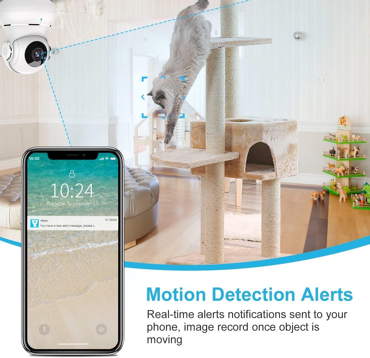 "360° nachtzicht babyfoon camera met tweerichting audio, compact design voor in de babykamer."