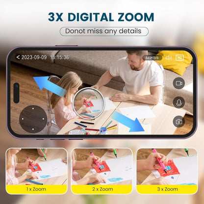 "360° nachtzicht babyfoon camera met tweerichting audio, compact design voor in de babykamer."