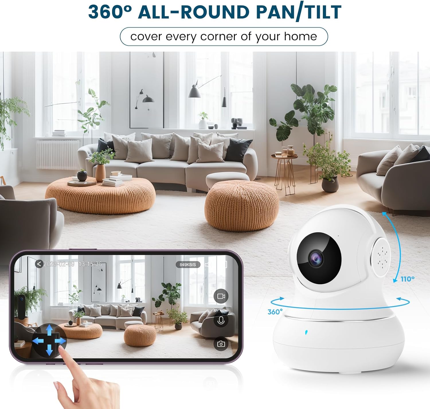 "360° nachtzicht babyfoon camera met tweerichting audio, compact design voor in de babykamer."
