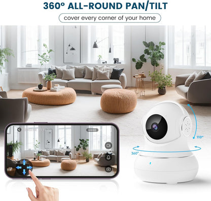 "360° nachtzicht babyfoon camera met tweerichting audio, compact design voor in de babykamer."