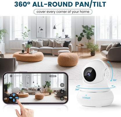 "360° nachtzicht babyfoon camera met tweerichting audio, compact design voor in de babykamer."