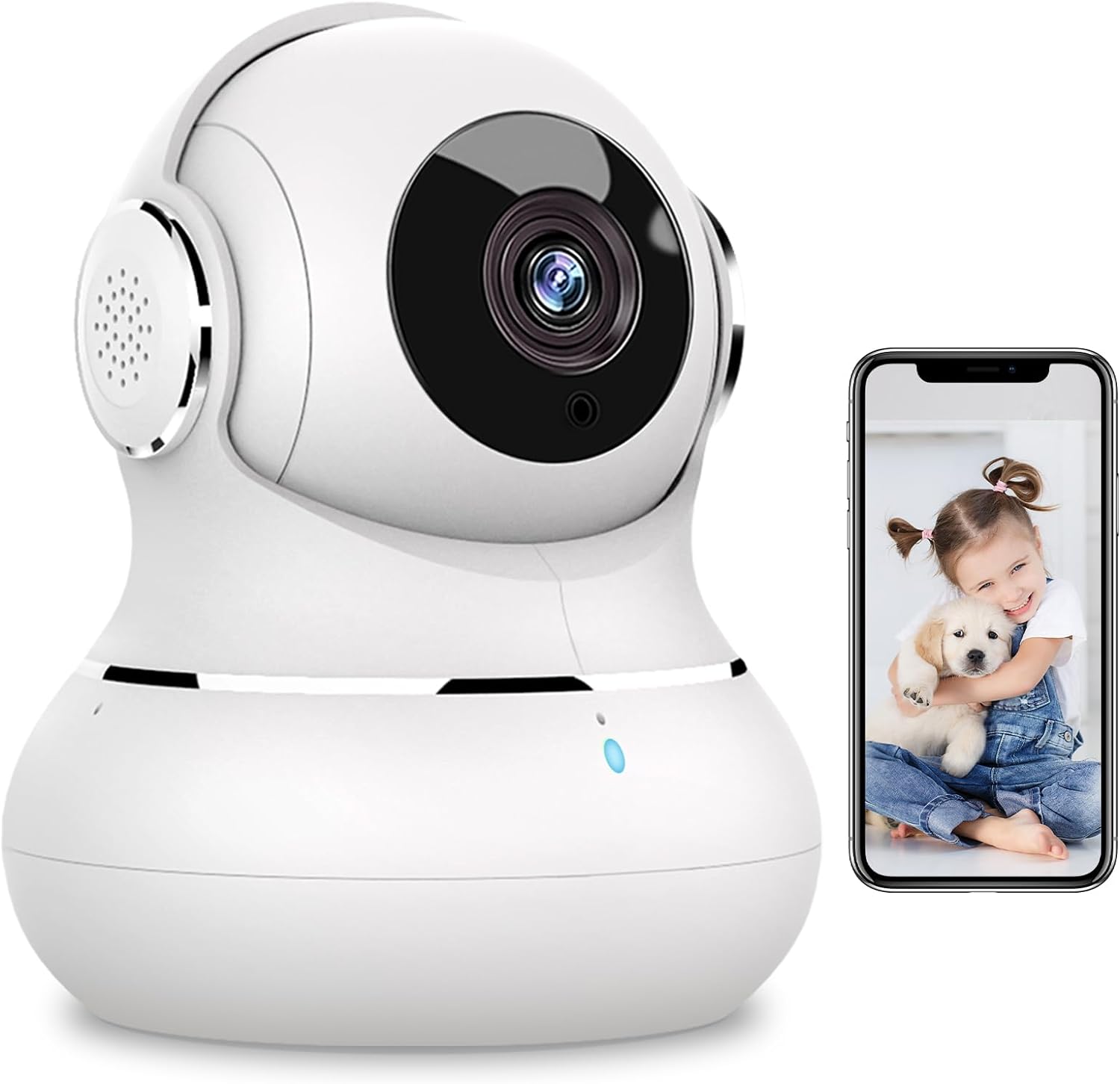 "360° nachtzicht babyfoon camera met tweerichting audio, compact design voor in de babykamer."