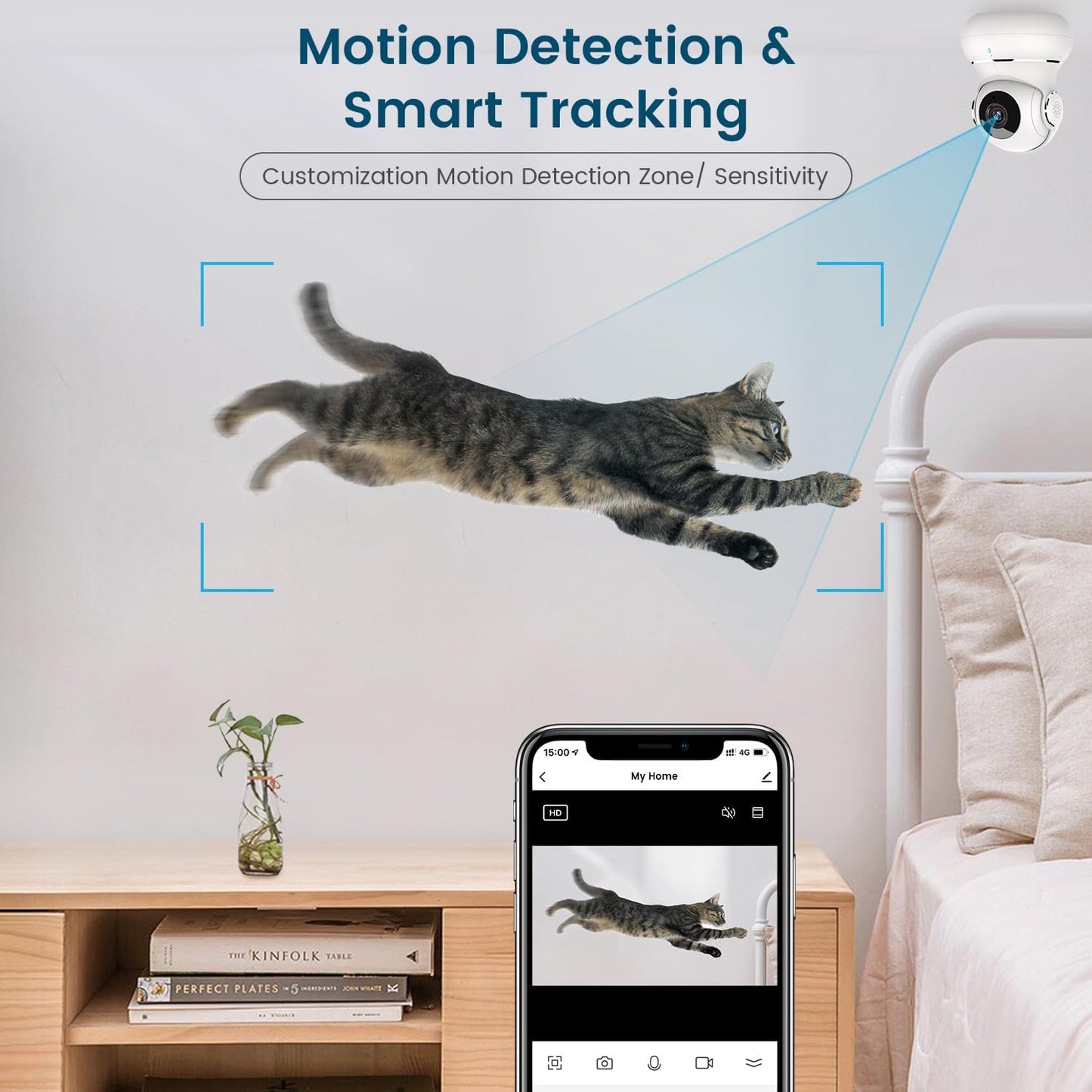 "360° nachtzicht babyfoon camera met tweerichting audio, compact design voor in de babykamer."