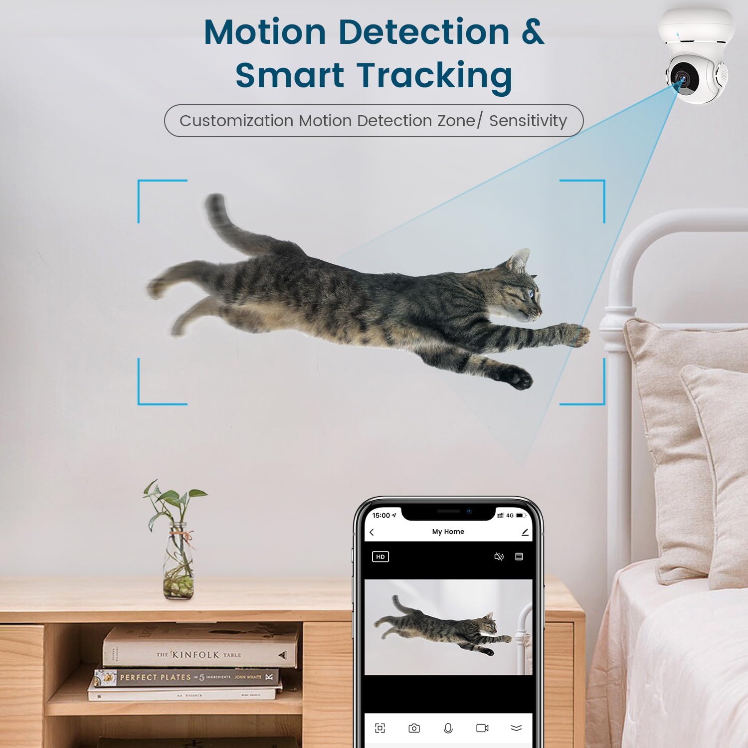 "360° nachtzicht babyfoon camera met tweerichting audio, compact design voor in de babykamer."