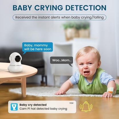 "360° nachtzicht babyfoon camera met tweerichting audio, compact design voor in de babykamer."