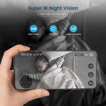 "360° nachtzicht babyfoon camera met tweerichting audio, compact design voor in de babykamer."