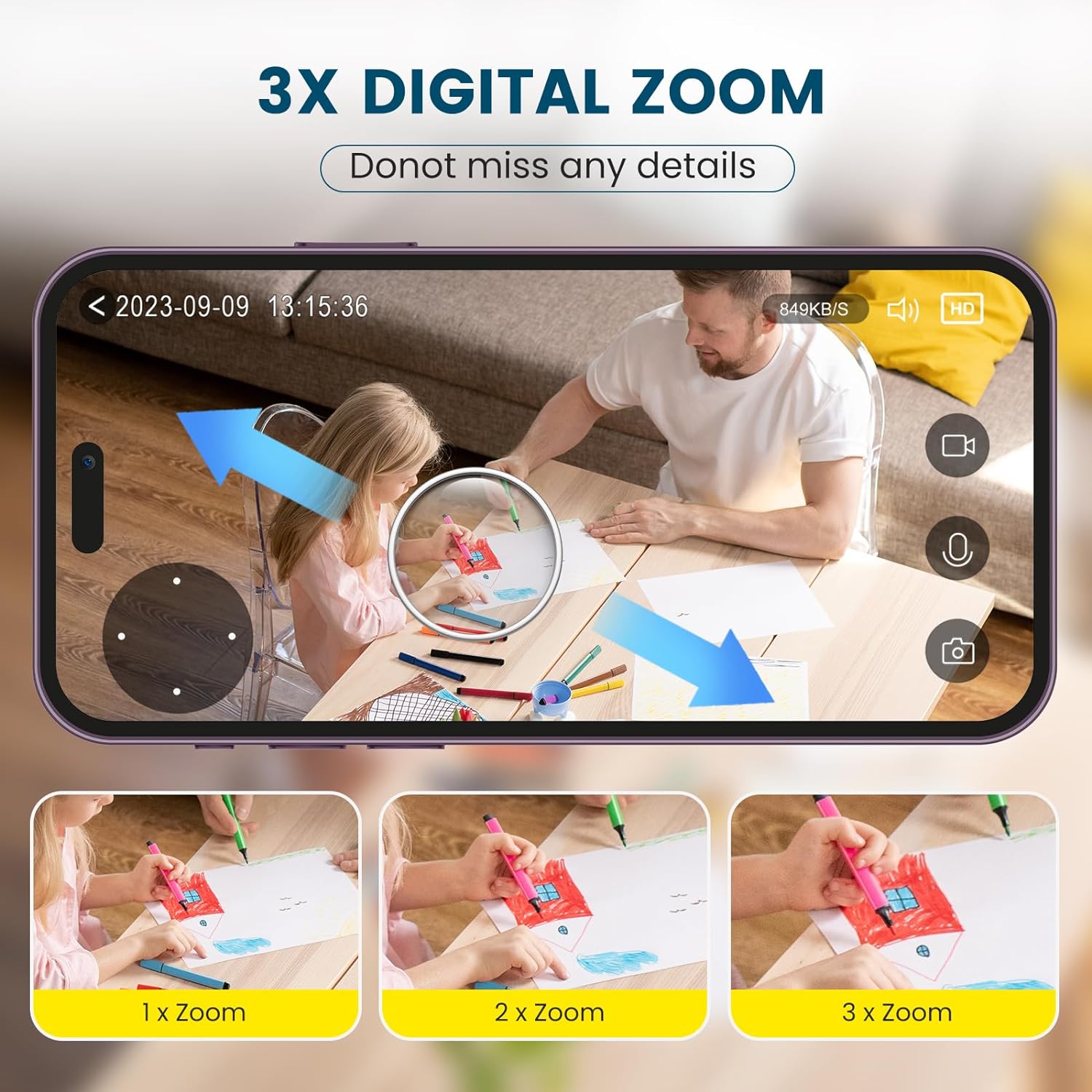 "360° nachtzicht babyfoon camera met tweerichting audio, compact design voor in de babykamer."