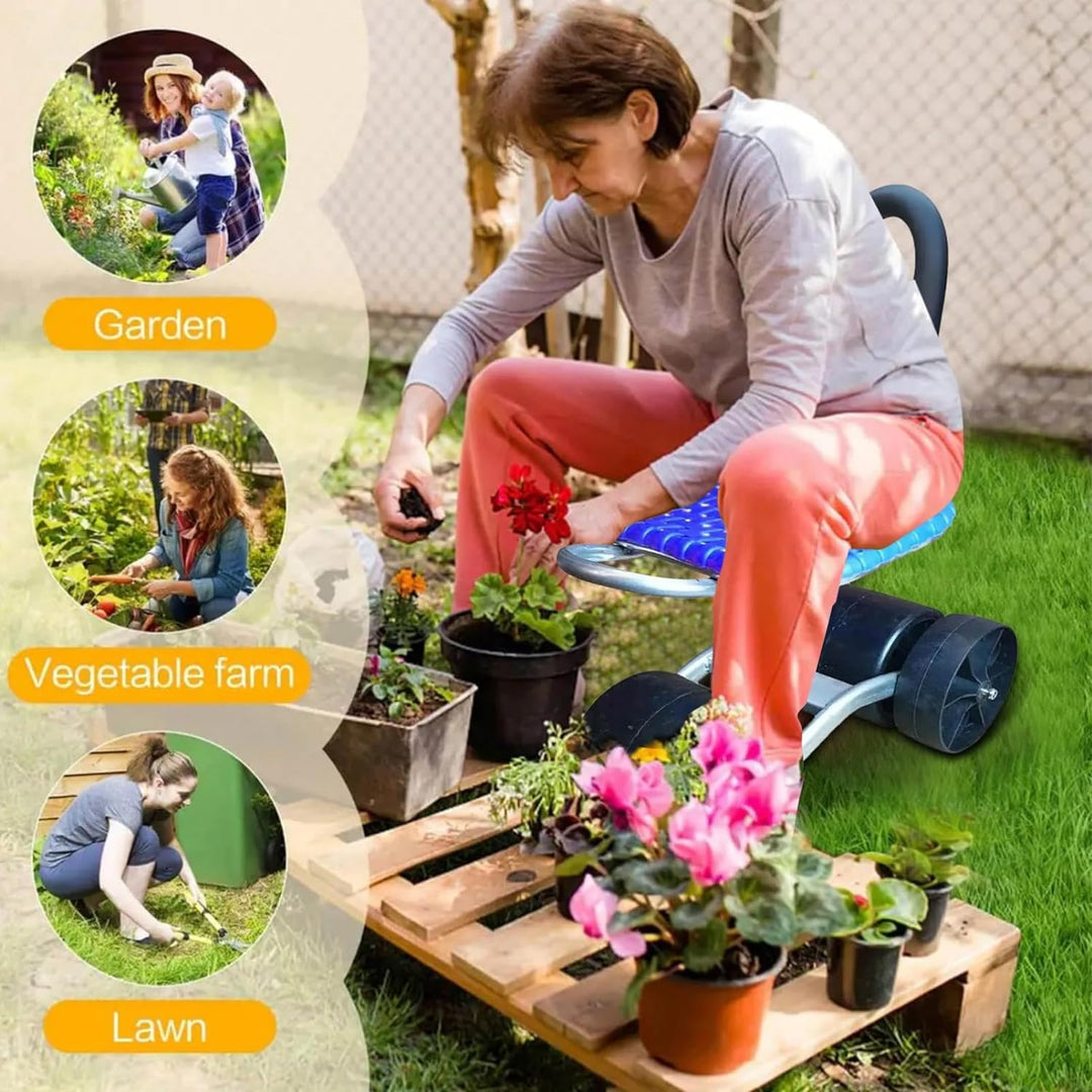 Ontspannen tuinieren met deze draaibare tuinstoel. Hoogte verstelbaar, voorkomt bukken. Zeer comfortabel.
