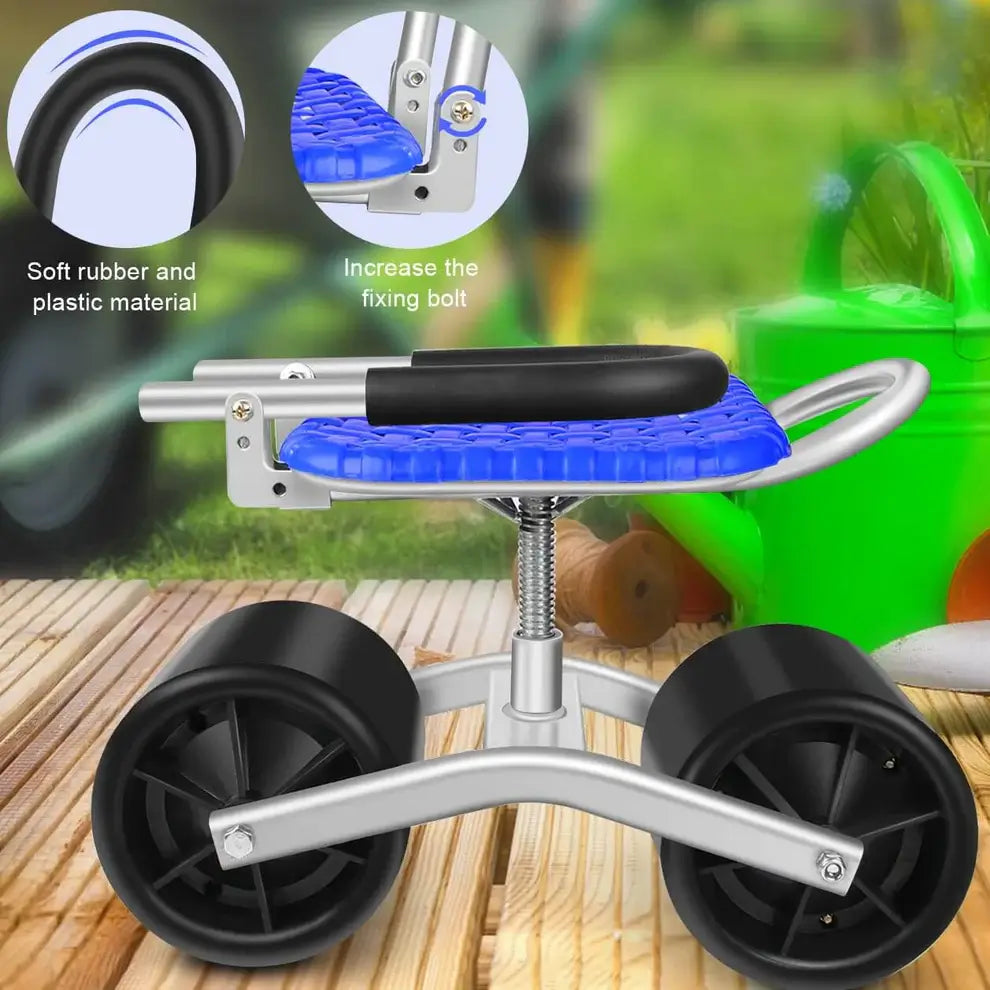 Compacte draaibare tuinierstoel met verstelbare zithoogte. Ergonomisch design voor langdurig comfortabel tuinieren.