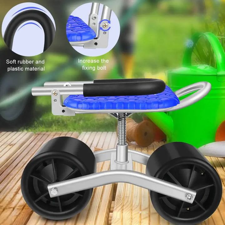 Compacte draaibare tuinierstoel met verstelbare zithoogte. Ergonomisch design voor langdurig comfortabel tuinieren.