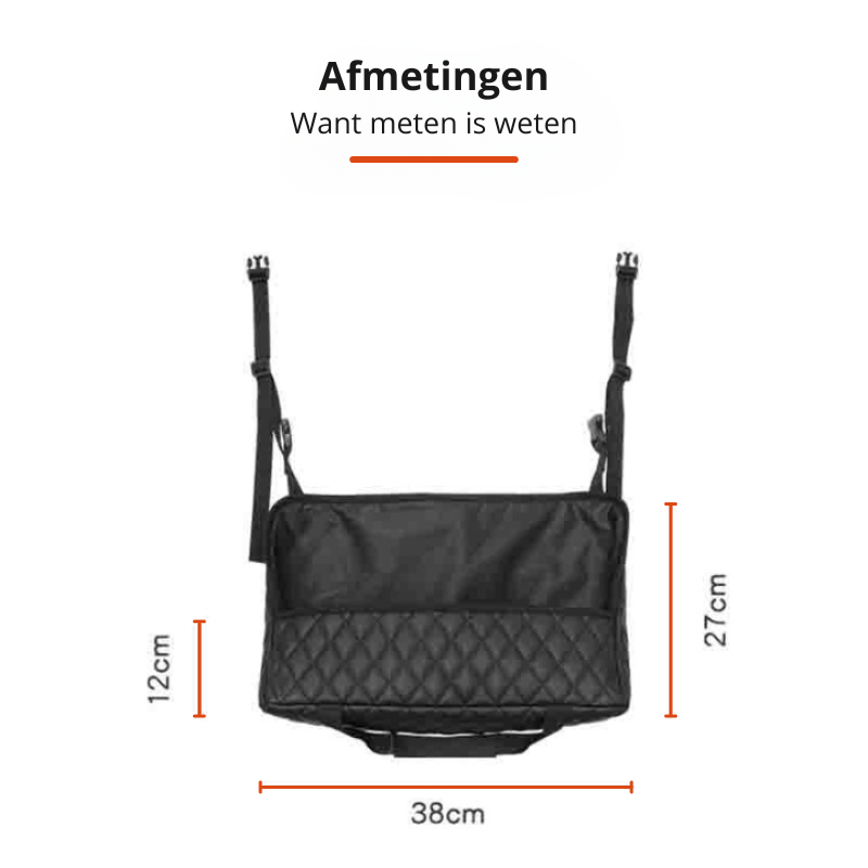 Auto organizer met meerdere vakken voor het netjes opbergen van spullen in de auto. Houdt alles binnen handbereik.