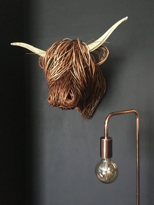 Karaktervolle koe wandsculptuur 'Bowie' voor een landelijk, rustiek interieur. Robuuste muurdecoratie.