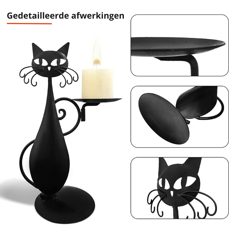 Vintage geïnspireerde zwarte kat kaarsenhouder voor een mystieke sfeer thuis.