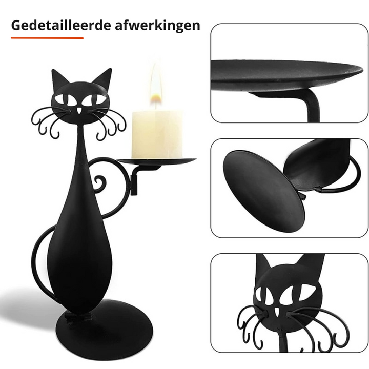 Vintage geïnspireerde zwarte kat kaarsenhouder voor een mystieke sfeer thuis.