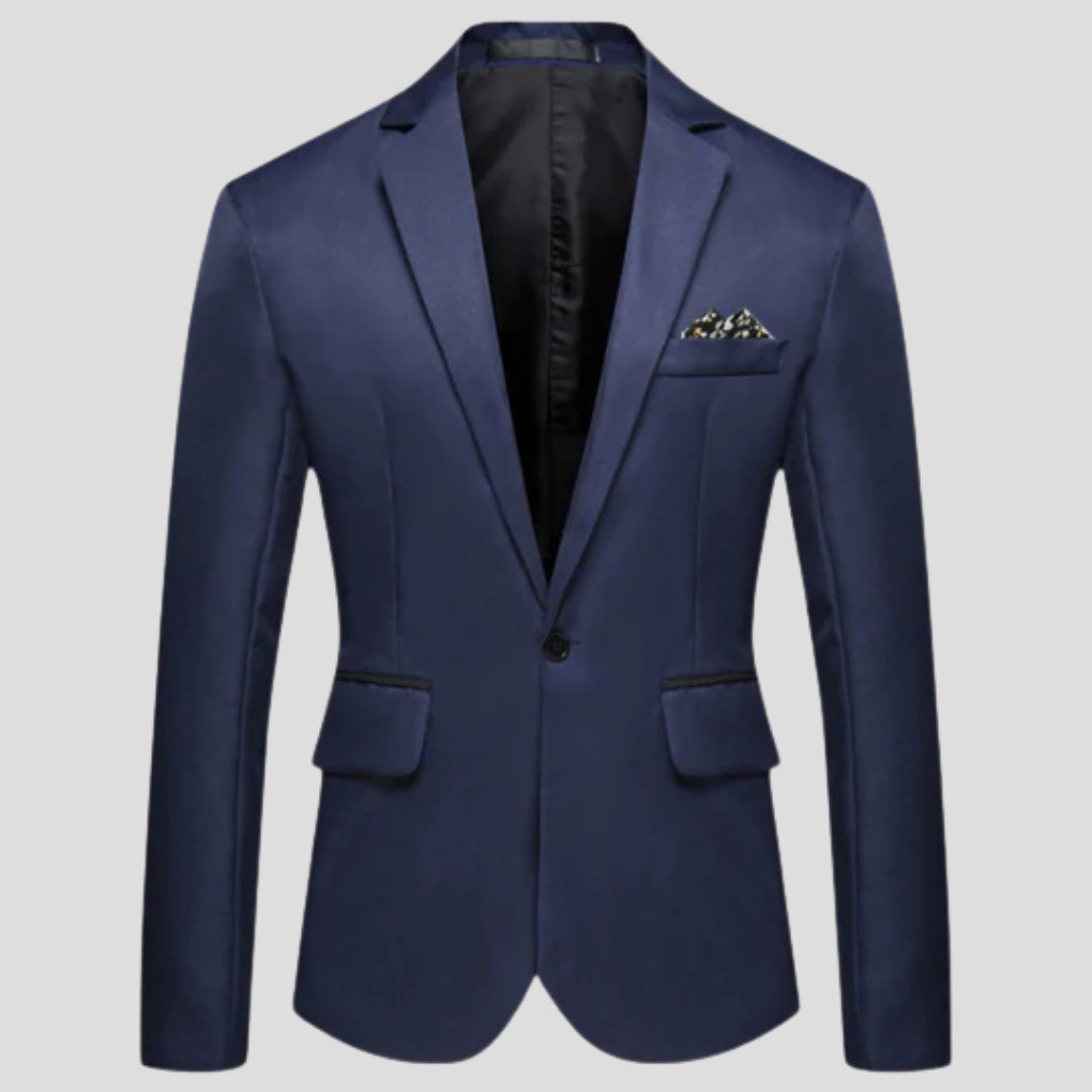 Man draagt stijlvolle herenblazer in een zakelijke setting. Formeel jasje, perfect voor een professionele uitstraling.