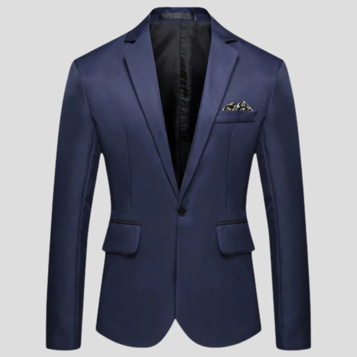 Man draagt stijlvolle herenblazer in een zakelijke setting. Formeel jasje, perfect voor een professionele uitstraling.