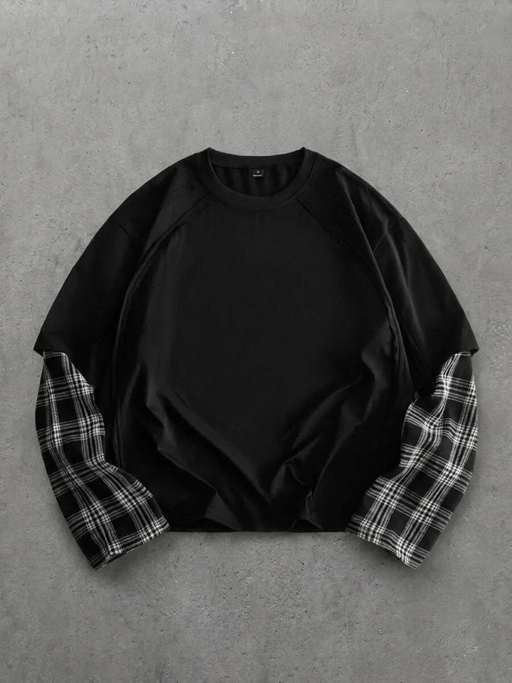 Heren t-shirt met unieke patchwork mouwen. Plaid patroon, lange mouw, casual.