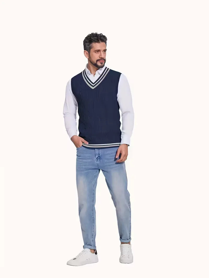 Casual-smart mouwloos heren vest, V-hals, karakteristiek kabelpatroon, veelzijdig draagbaar.