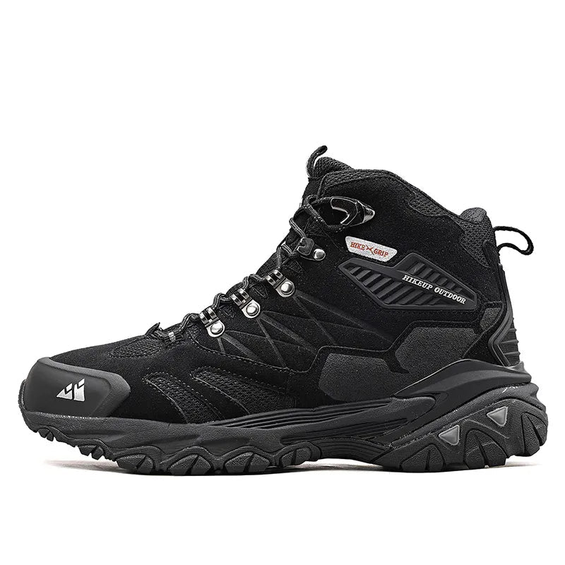 Grijze waterdichte heren wandelschoenen, hoogmodel, ideaal voor comfortabele en actieve outdoor mannen.