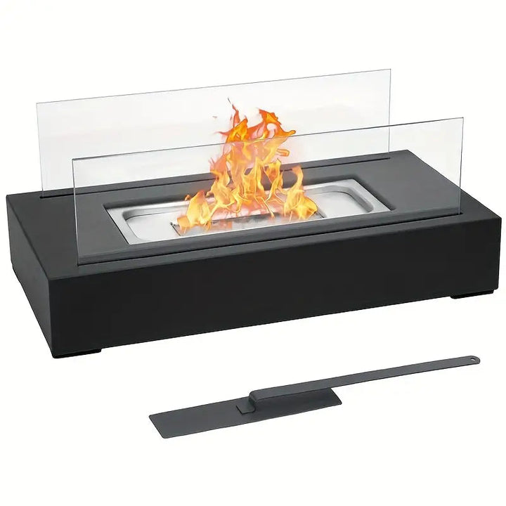 Stijlvolle Serene Flame buitenhaard, een eyecatcher van beton en glas op elk modern terras, brandt op bio-ethanol.
