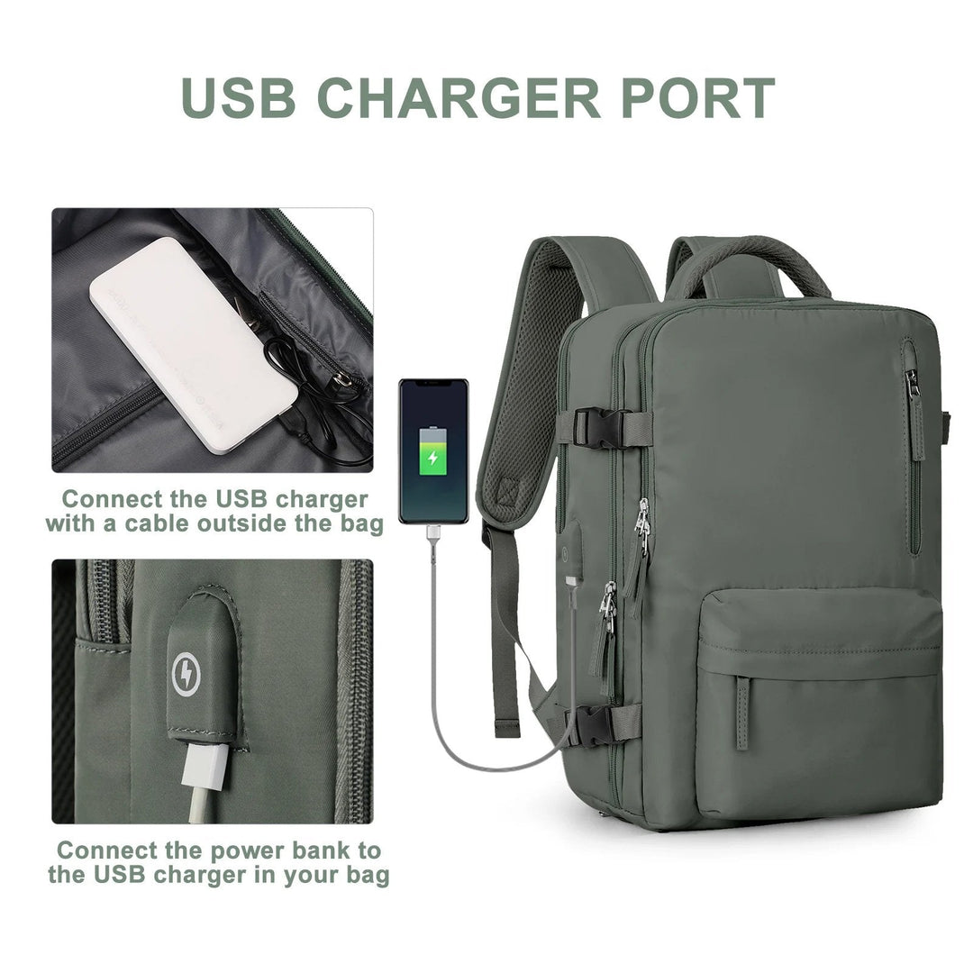 Grote 35 liter rugzak met speciale vakken voor laptop, schoenen en kleding, geoptimaliseerd voor reizigers.