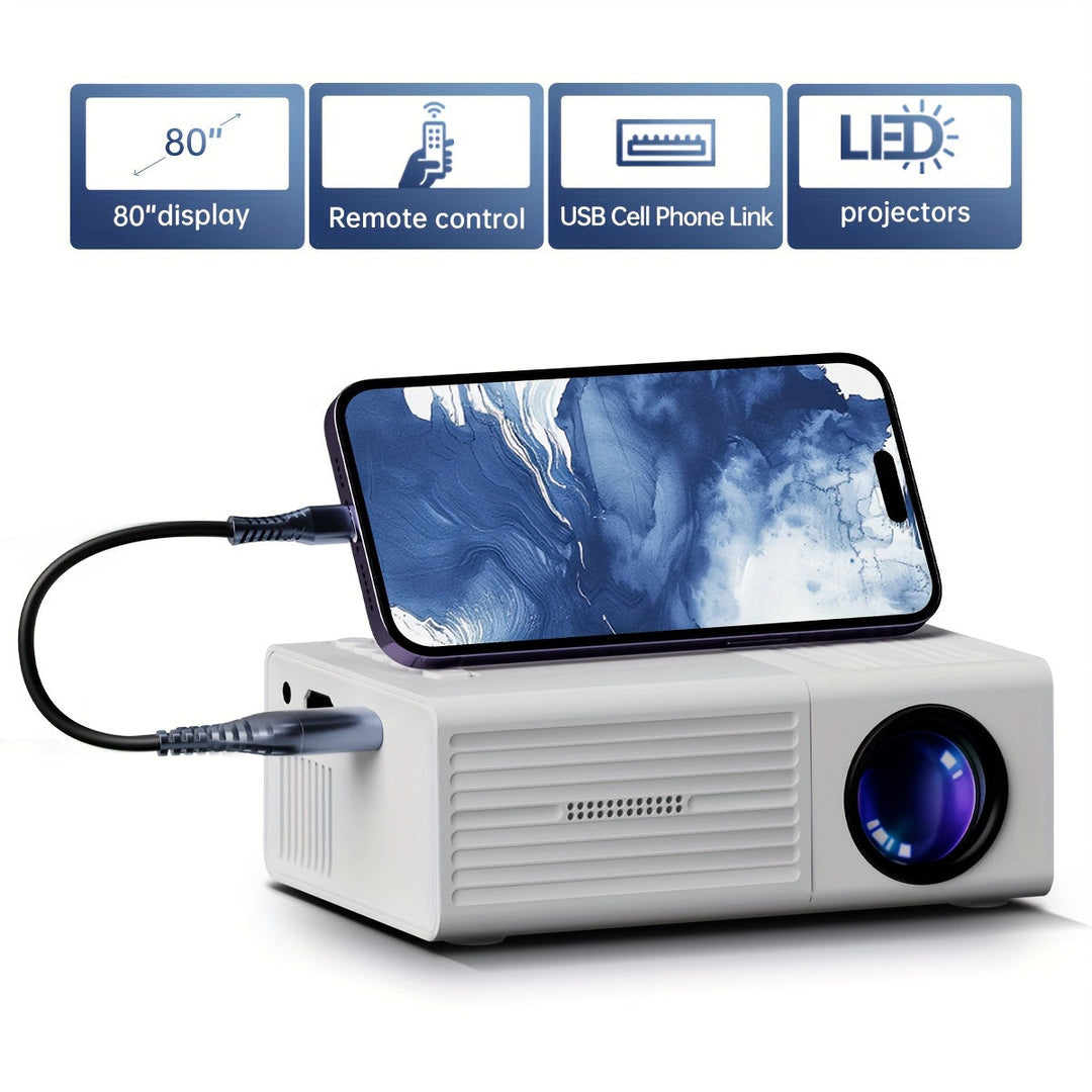 Persoon geniet van een film op grote schaal met de compacte draagbare thuisbioscoop projector.