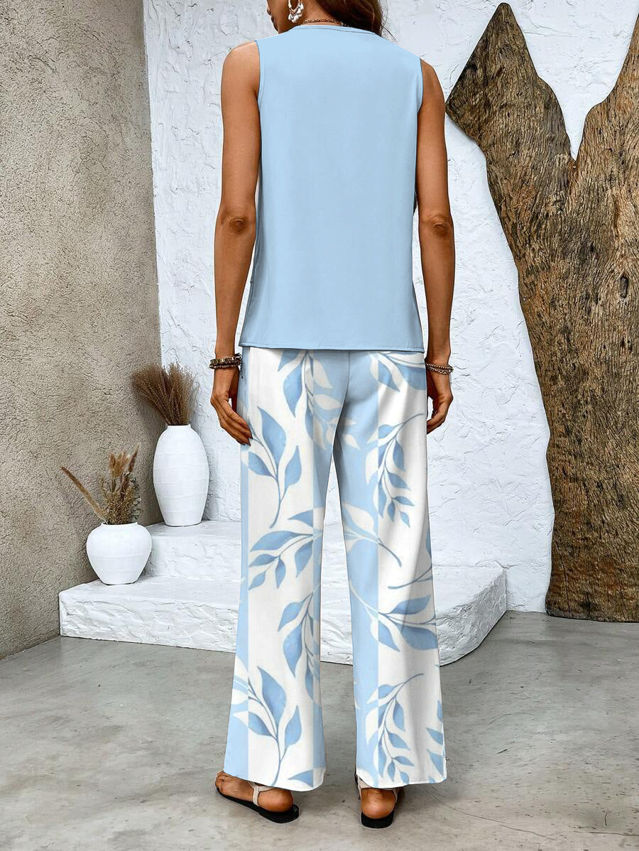 Luxe casual chic dames zomer set; mouwloze top en wijde broek voor een elegante en relaxte look.