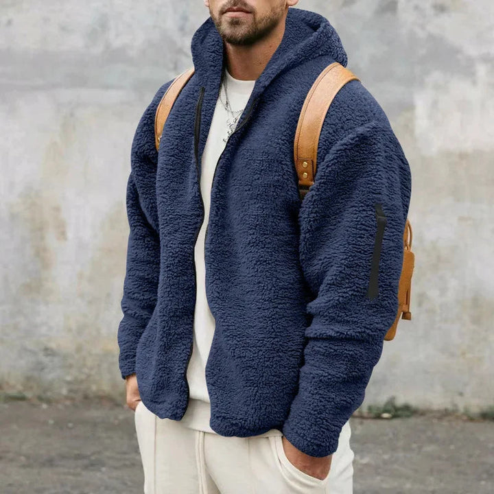 Heren vintage fleecevest met ritssluiting en capuchon, warme winterkleding voor buiten.