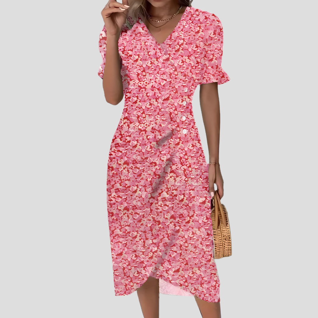 Lichtgewicht polyester midi jurk met bloemenprint, comfortabel voor zomer en lente, V-hals damesjurk.