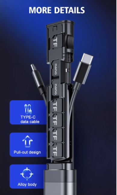 Close-up van de compacte 9-in-1 adapter: USB-C, Lightning, Micro-USB kabels, sim-tool en kaartlezer. Handig gadget.