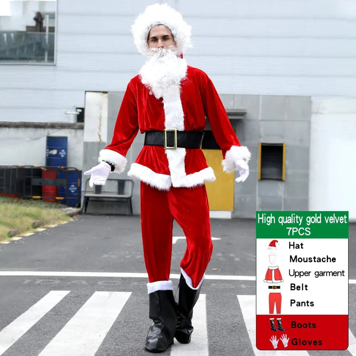 Zacht rood fluwelen heren Kerstman kostuum, ideaal voor kerst cosplay en feestelijke verkleedpartijen.