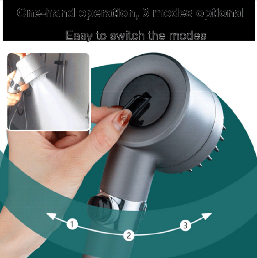 Moderne hogedruk douchekop met waterdrukverhoging en filtratie; eenvoudige installatie voor een luxe badkamer.