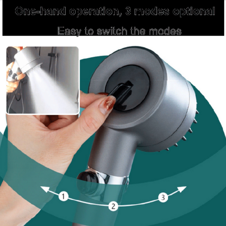 Moderne hogedruk douchekop met waterdrukverhoging en filtratie; eenvoudige installatie voor een luxe badkamer.
