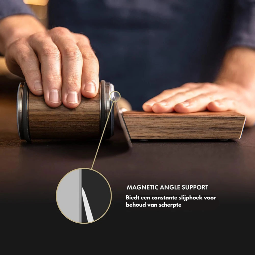 Universele messenslijper met natuurlijk houten basis voor vlijmscherpe keukenmessen, een essentiële keukenhulp.