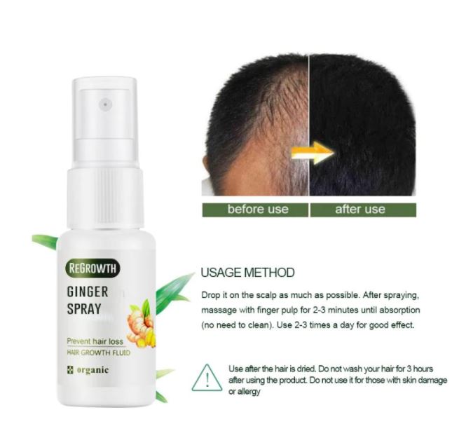 Verpakking Gember Haargroeispray, bevordert haargroei en vermindert haaruitval. Voor gezonde hoofdhuid.