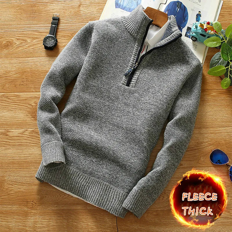 Stijlvolle heren trui met halve rits, slim fit, en opstaande kraag. Moderne casual winterkleding.