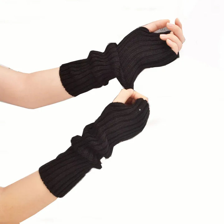 Stijlvolle dames lange vingerloze handschoenen gebreid, perfecte winter accessoire voor elke outfit.