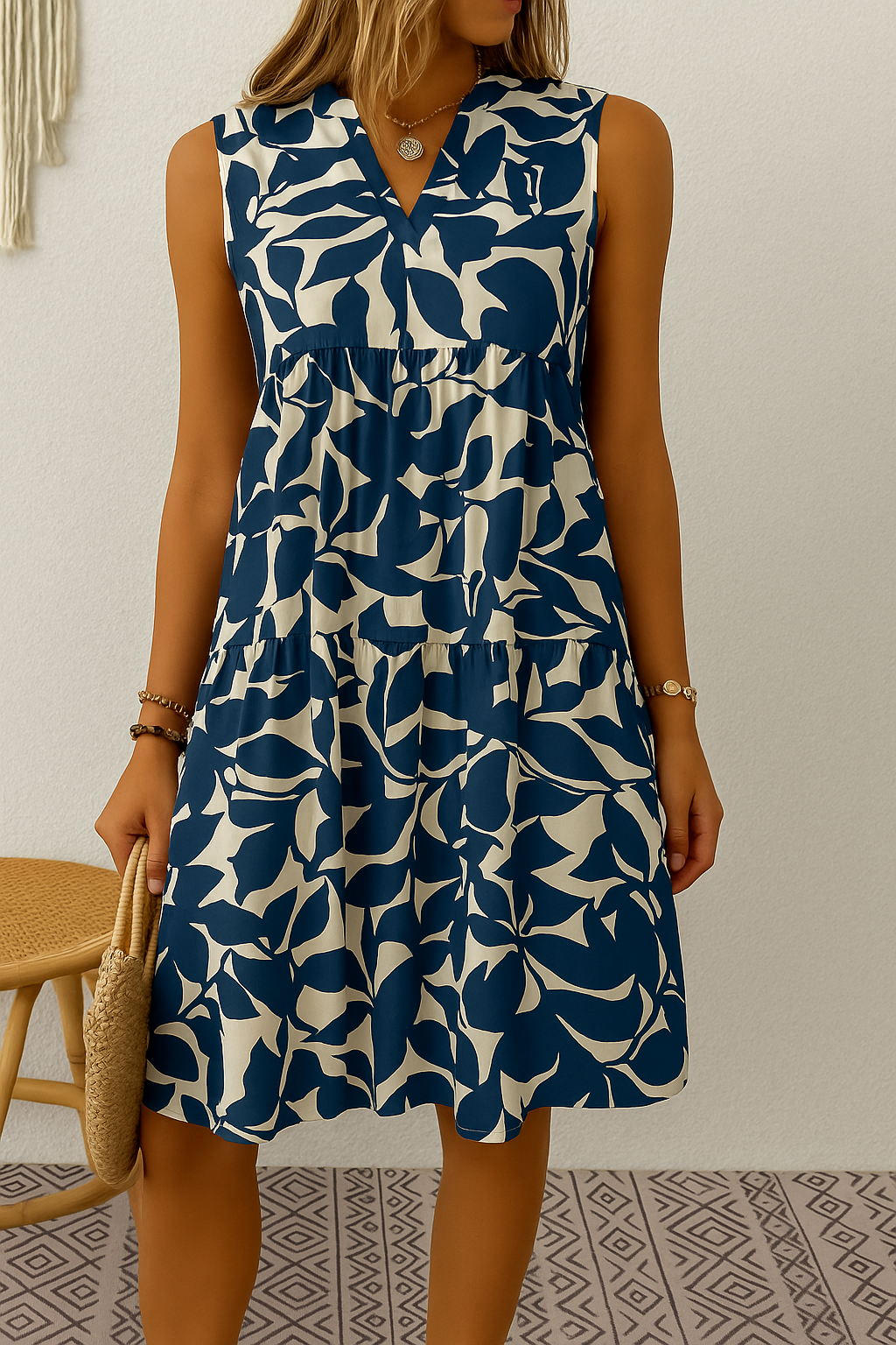 Mouwloze dames midi jurk met elegante bladprint, ideaal voor zomerse casual dagen en vakanties.
