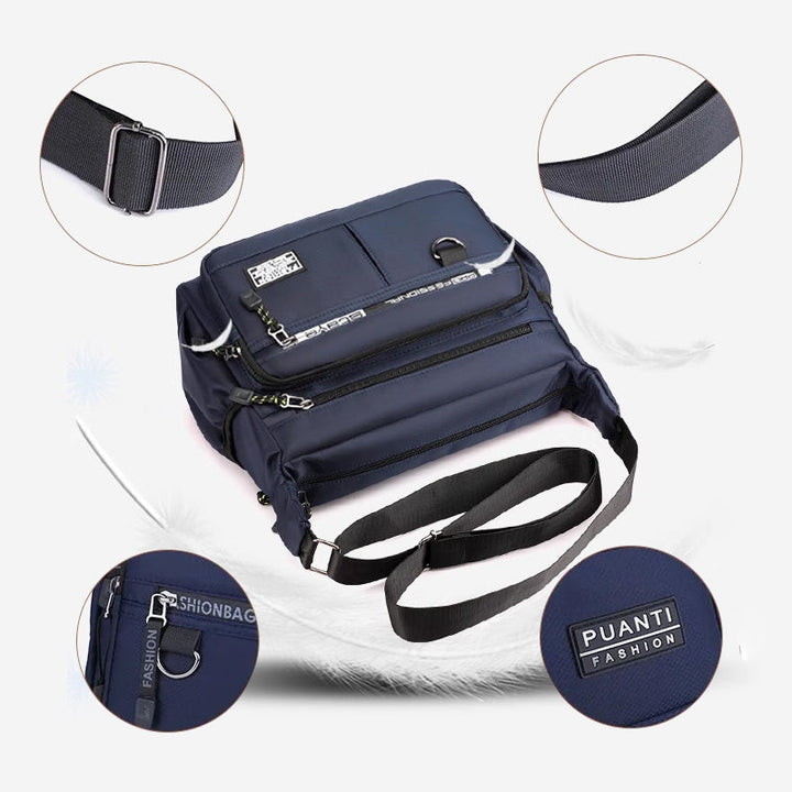 Grijze crossbody slingtas, veilige reistas met slimme organizer en dievenbestendige ritsen.