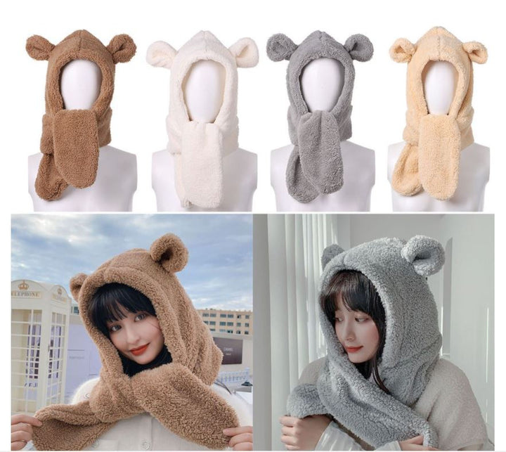 Dames pluche muts sjaal set beige, ultiem comfort en warmte voor stijlvolle winterdagen buiten.