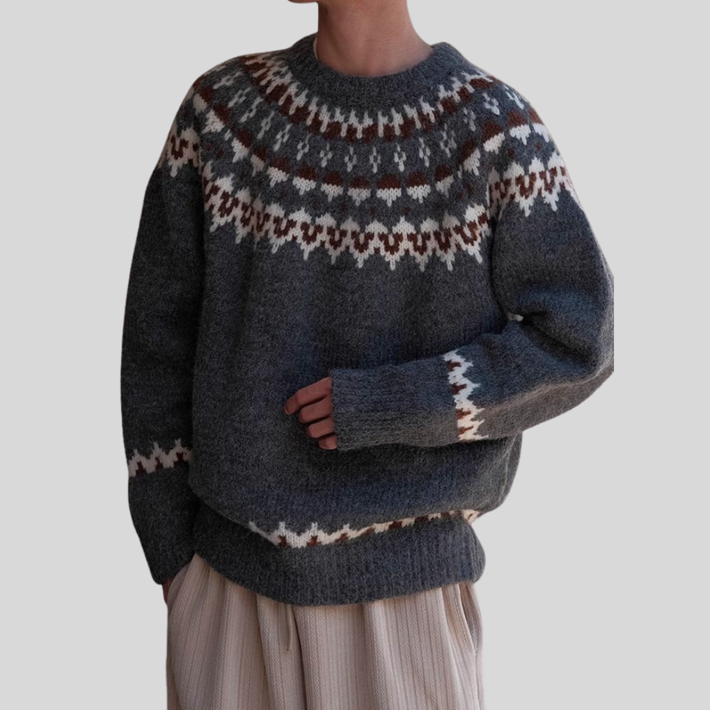 Heren vintage gebreide trui met ronde hals in tijdloze retrostijl, beschikbaar in grijs en beige, voor casual mode.