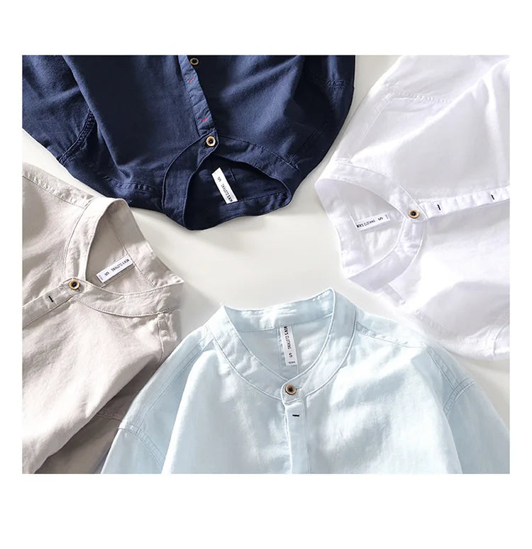 Casual herenoverhemd met mandarin kraag en luchtige stof, ideaal voor terras of als comfortabele zomerkleding.