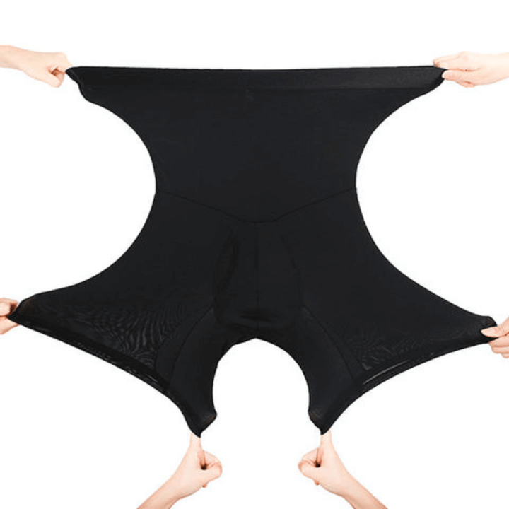 Detailopname van de ademende nylon/spandex stof van de MaxFit heren compressieboxershort, met compressiezones.