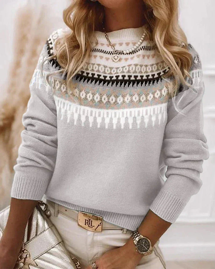 Blauwe dames print trui met lange mouwen; casual en trendy winterkleding.