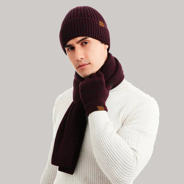 Gebreide heren winterset, inclusief warme muts, sjaal en handschoenen, perfect voor winterse dagen.