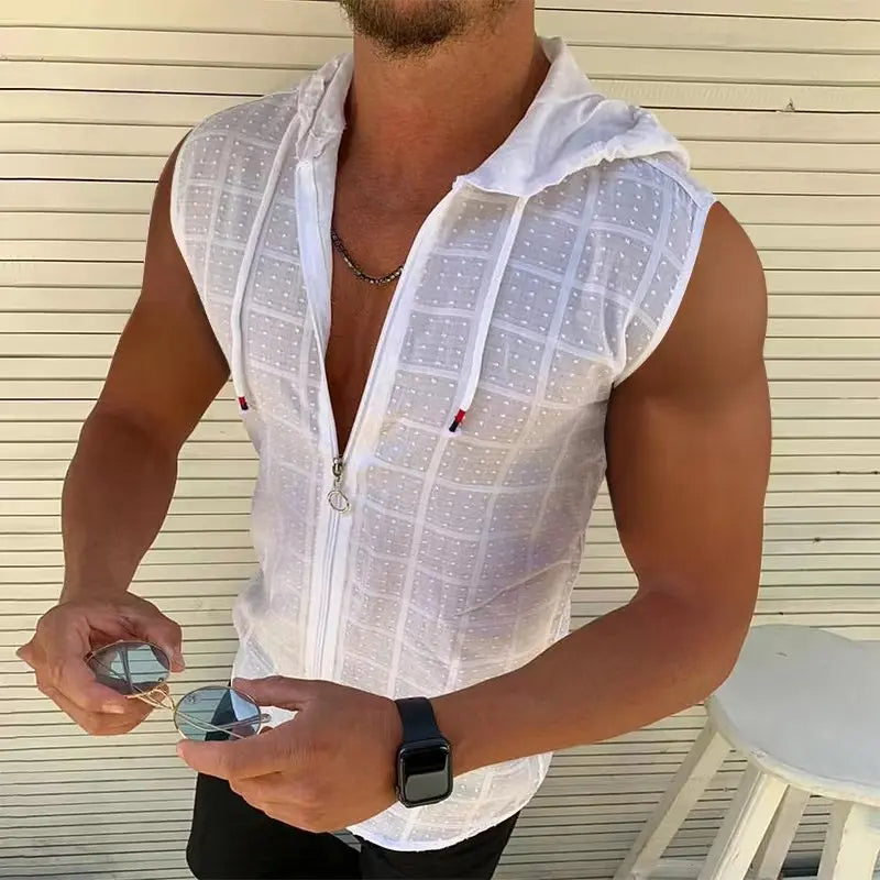 Sportief heren T-shirt zonder mouwen, met capuchon. Trendy urban stijl, geschikt voor de zomer en vrije tijd.