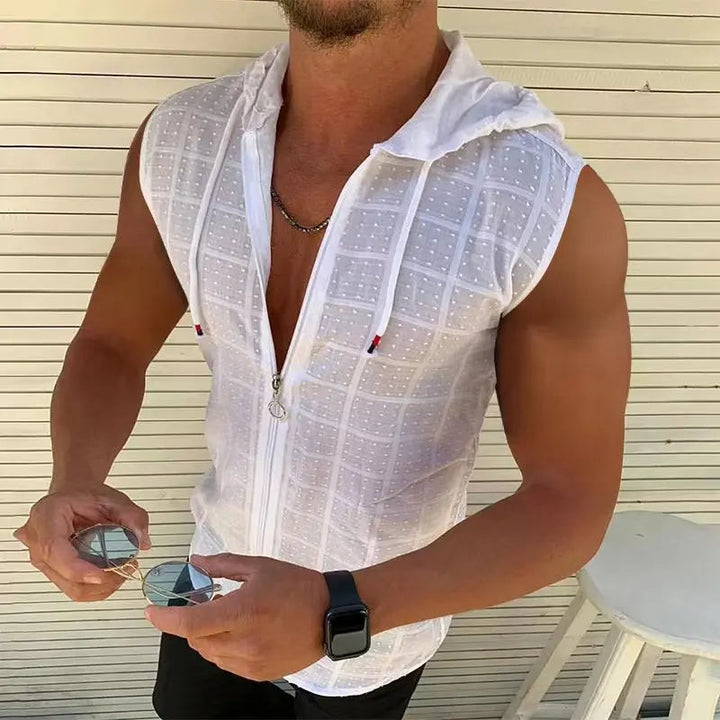 Sportief heren T-shirt zonder mouwen, met capuchon. Trendy urban stijl, geschikt voor de zomer en vrije tijd.